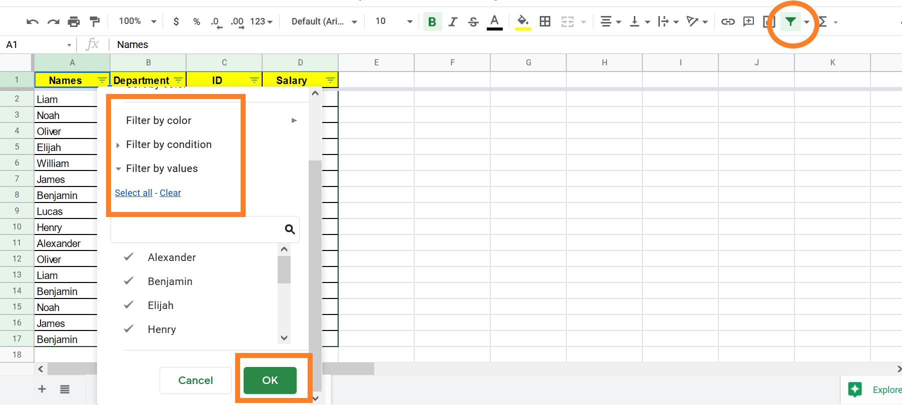 apply filters in google sheets
