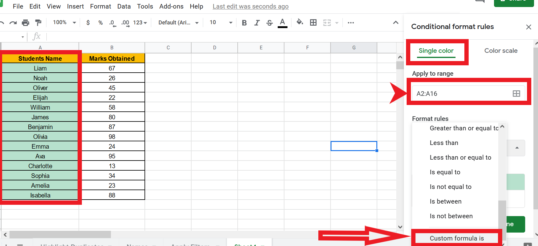 conditional formatting in Google sheets based on another cell