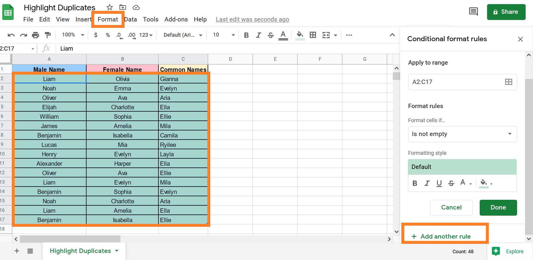 how to find duplicate entries in google sheets
