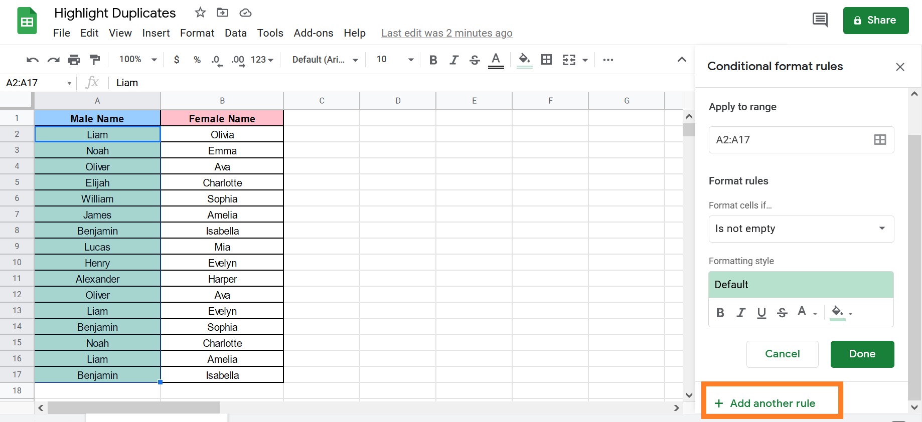 how to highlight duplicates in google sheets