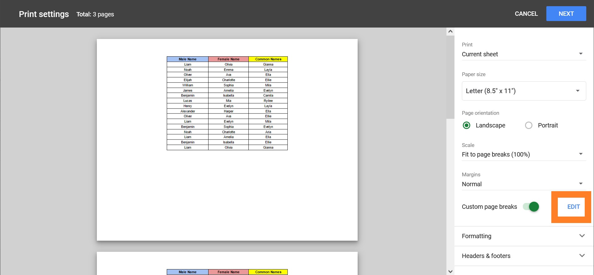 how to set print area in google sheets