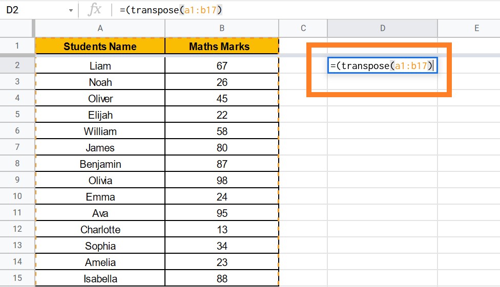 transpose data in google sheets