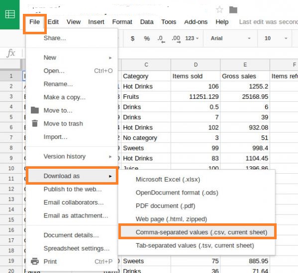 open csv file in google sheets4