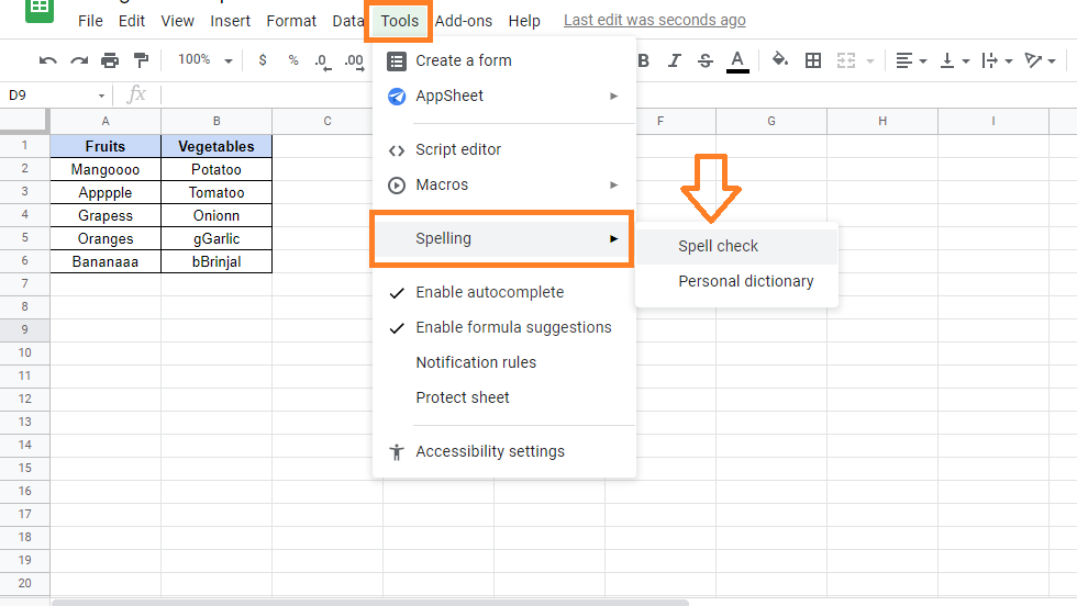 spell check in google sheets