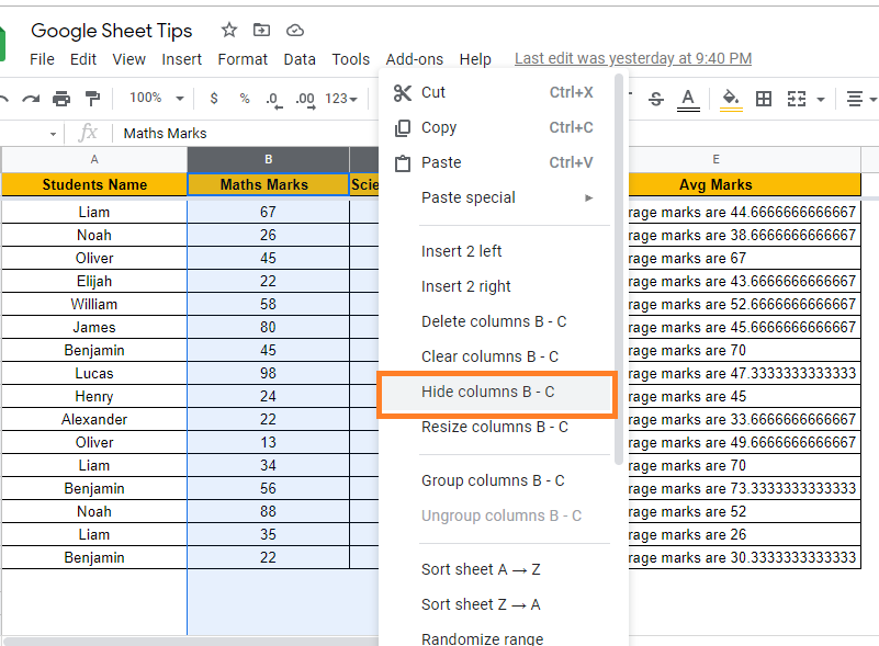 google sheets hide columns from certain users