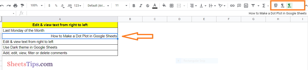 edit and view text from right to left in Google Sheets