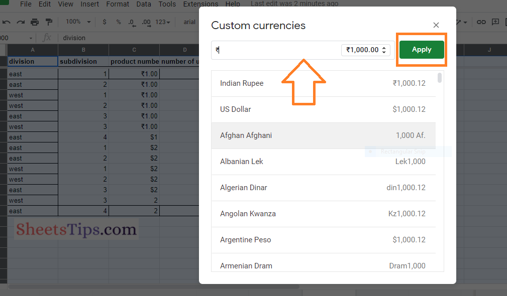 how to change currency symbol in google sheets