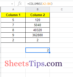 columns function in Google Sheets