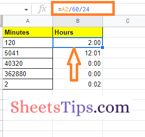 convert minutes to hours in Google Sheets