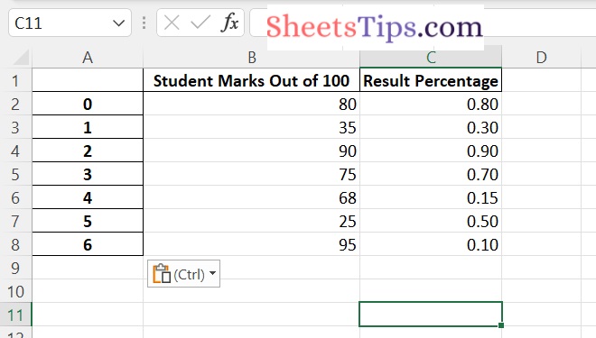 output column excel file with index