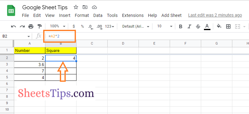 square numbers google sheets